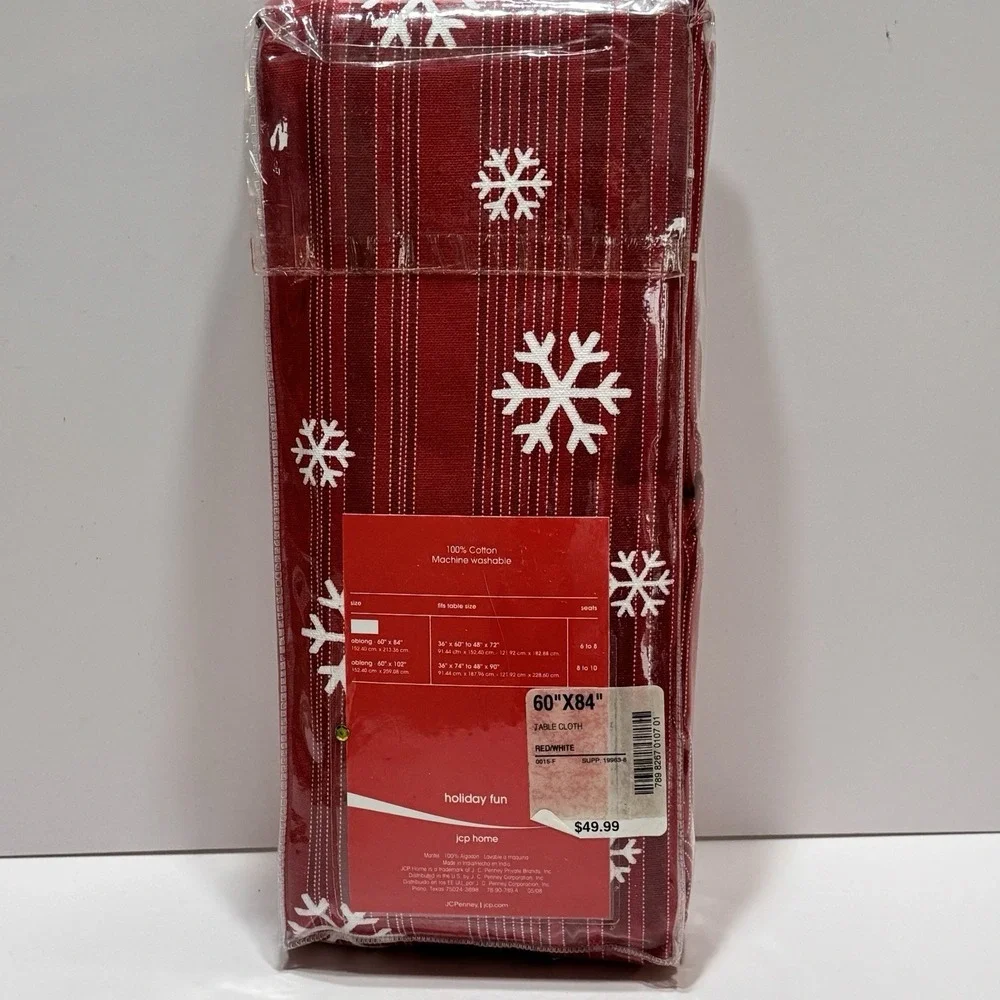 JC Penny Home Christmas Red Pink Stripe Snowflake Tablecloth Peppermint 60 X 84